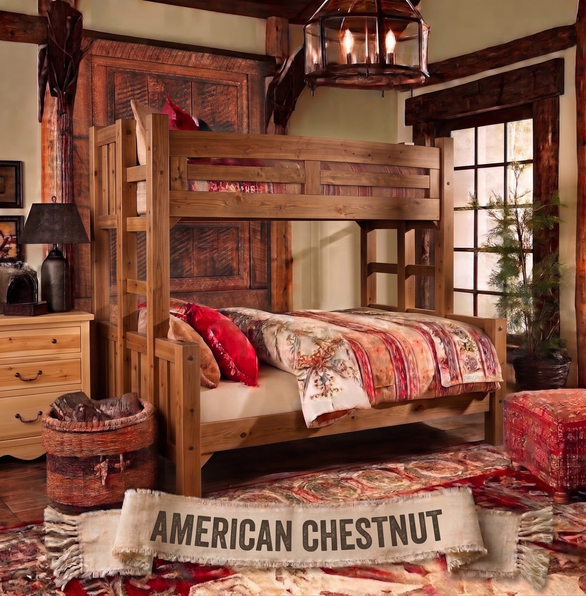 Appalachian Winds barn door solid pine bunk bed in American Chestnut finish
