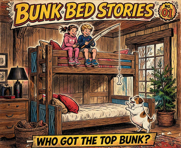 Bunk Bed Stories No. 1: two kids and their Jack Russell, Bernie, deciding who gets the top bunk