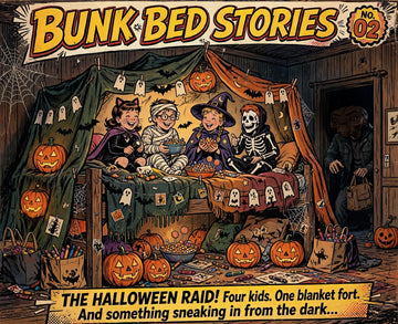 Four cousins in Halloween costumes inside a blanket fort built on a bunk bed