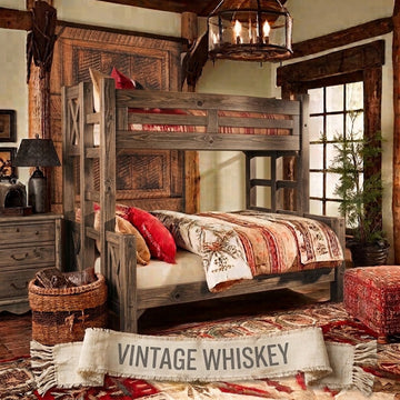Rustic solid wood bunk beds: Appalachian Winds barn door bunk bed in solid circle-sawn pine