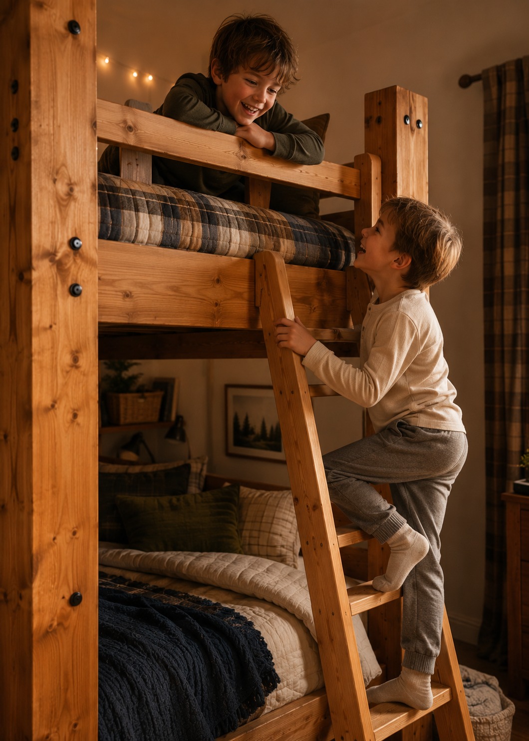 Solid wood loft bed in honey amber finish, Homestead Loft style