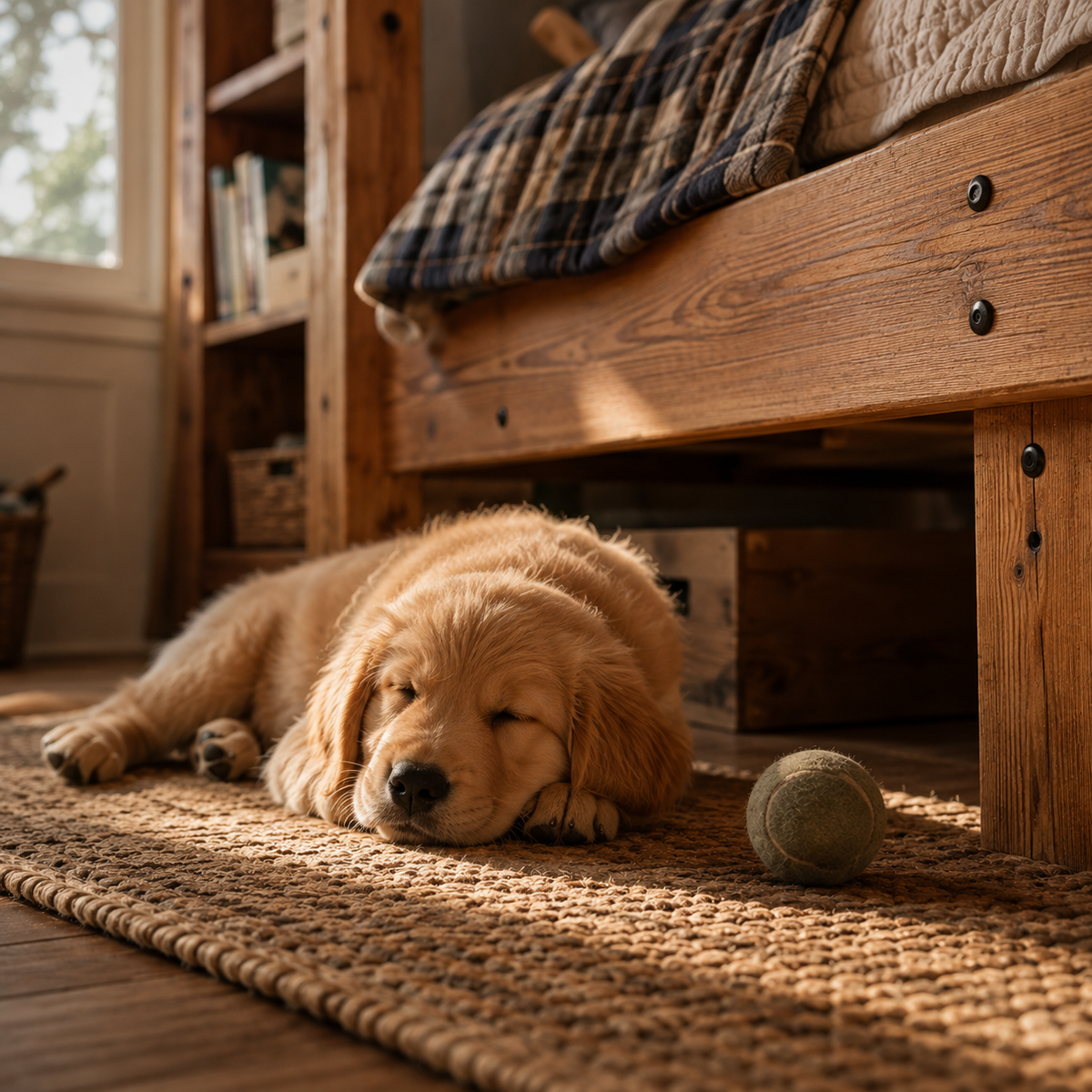 Golden retriever puppy resting under a rustic solid wood bunk bed with a plaid blanket