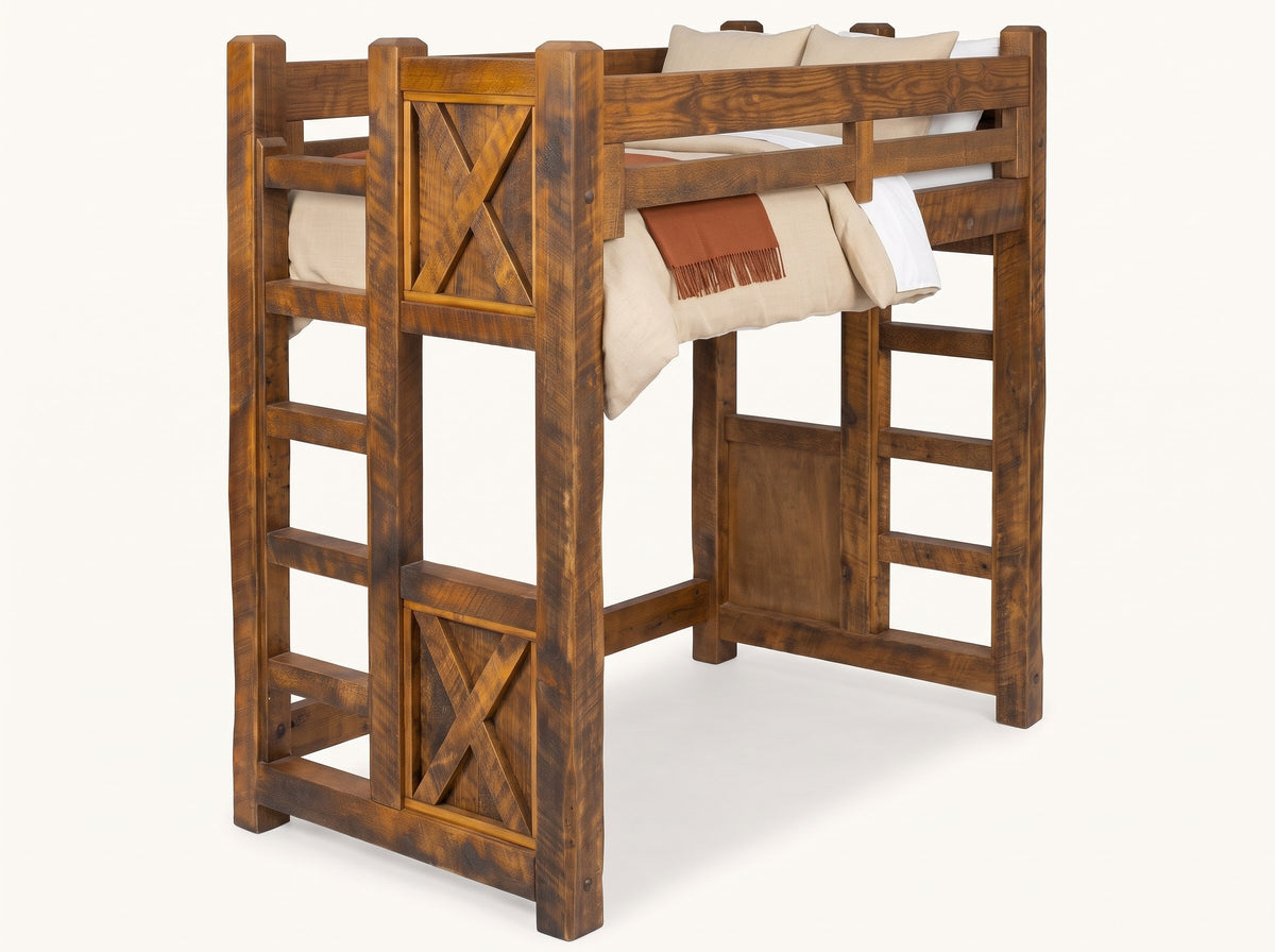 Appalachian Winds solid pine twin loft bed with barn door panels