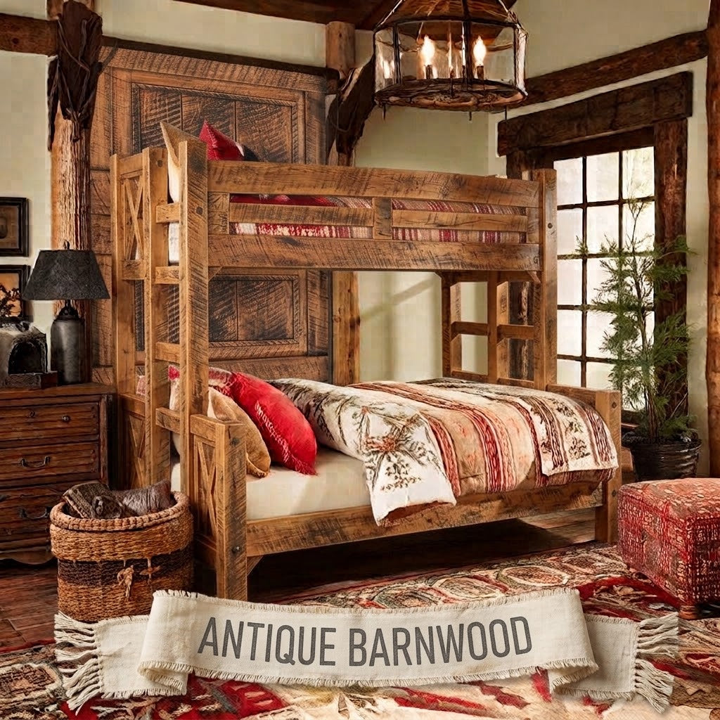 Appalachian Winds barn door solid pine bunk bed in American Chestnut finish