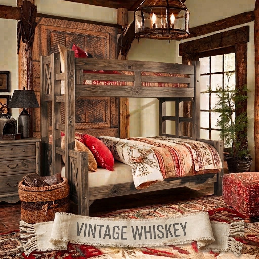 Appalachian Winds barn door solid pine bunk bed in Vintage Whiskey finish, with X-brace panels and square corner posts