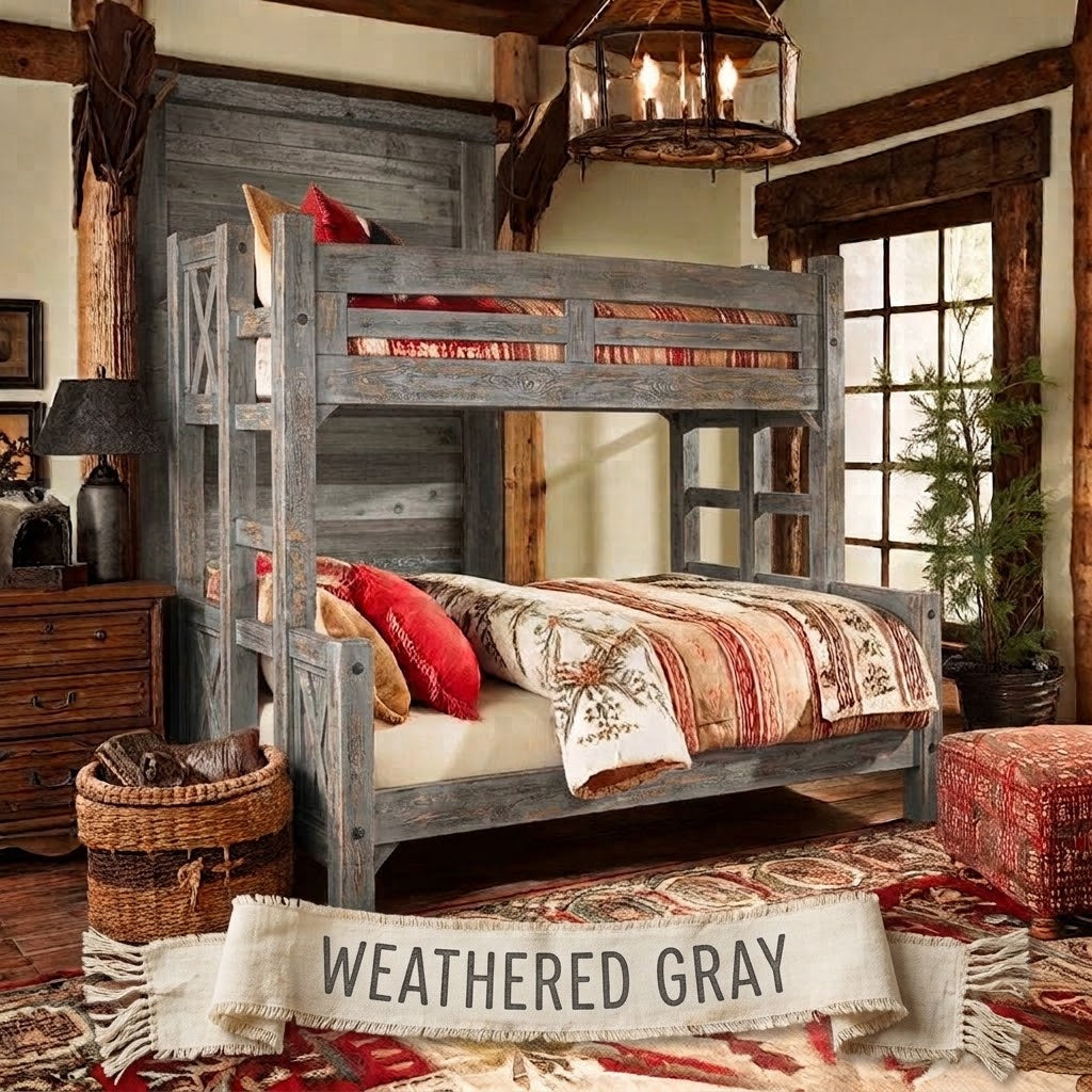 Appalachian Winds barn door solid pine bunk bed in Weathered Gray finish