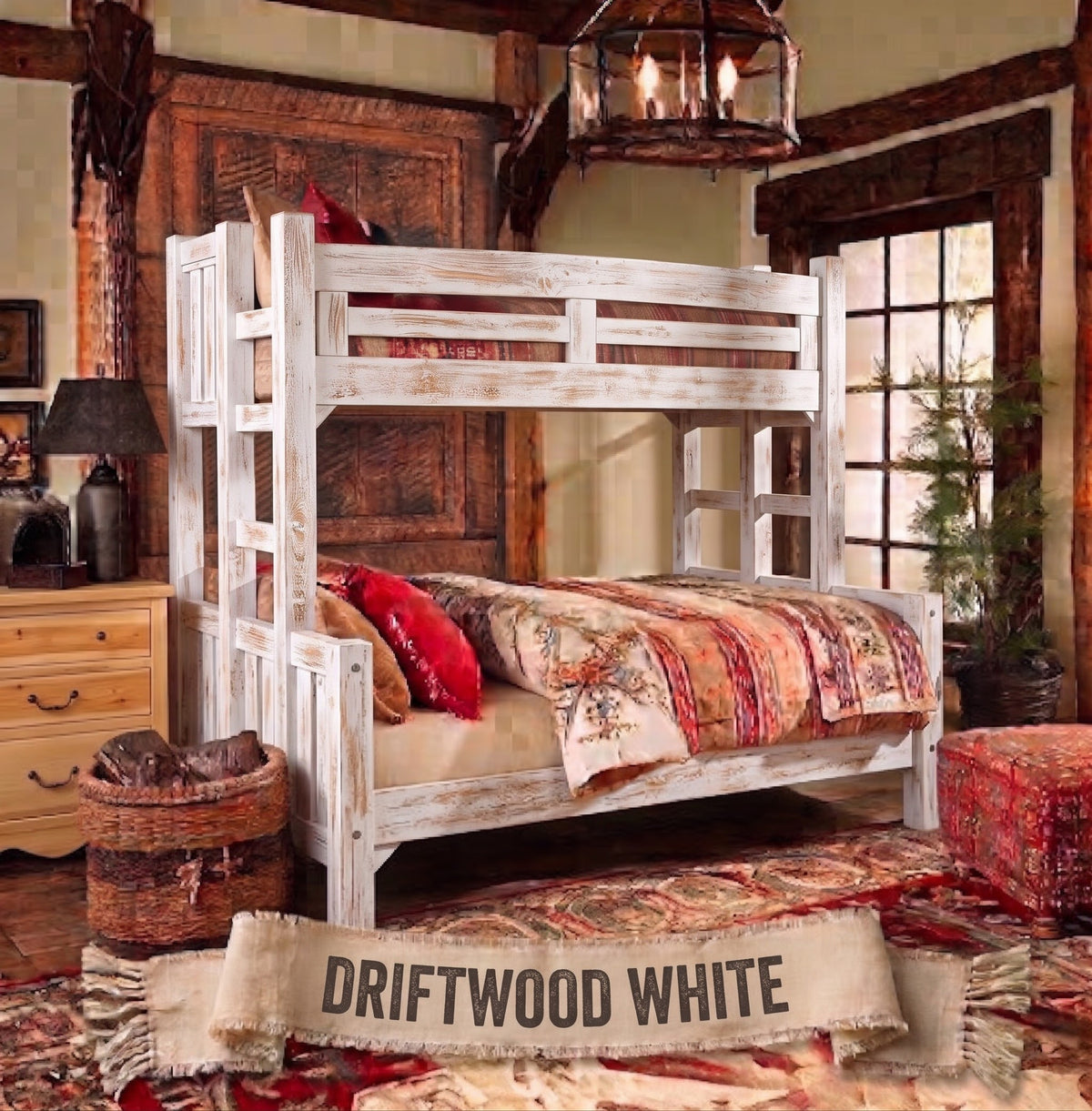 Appalachian Winds barn door solid pine bunk bed in Driftwood White finish