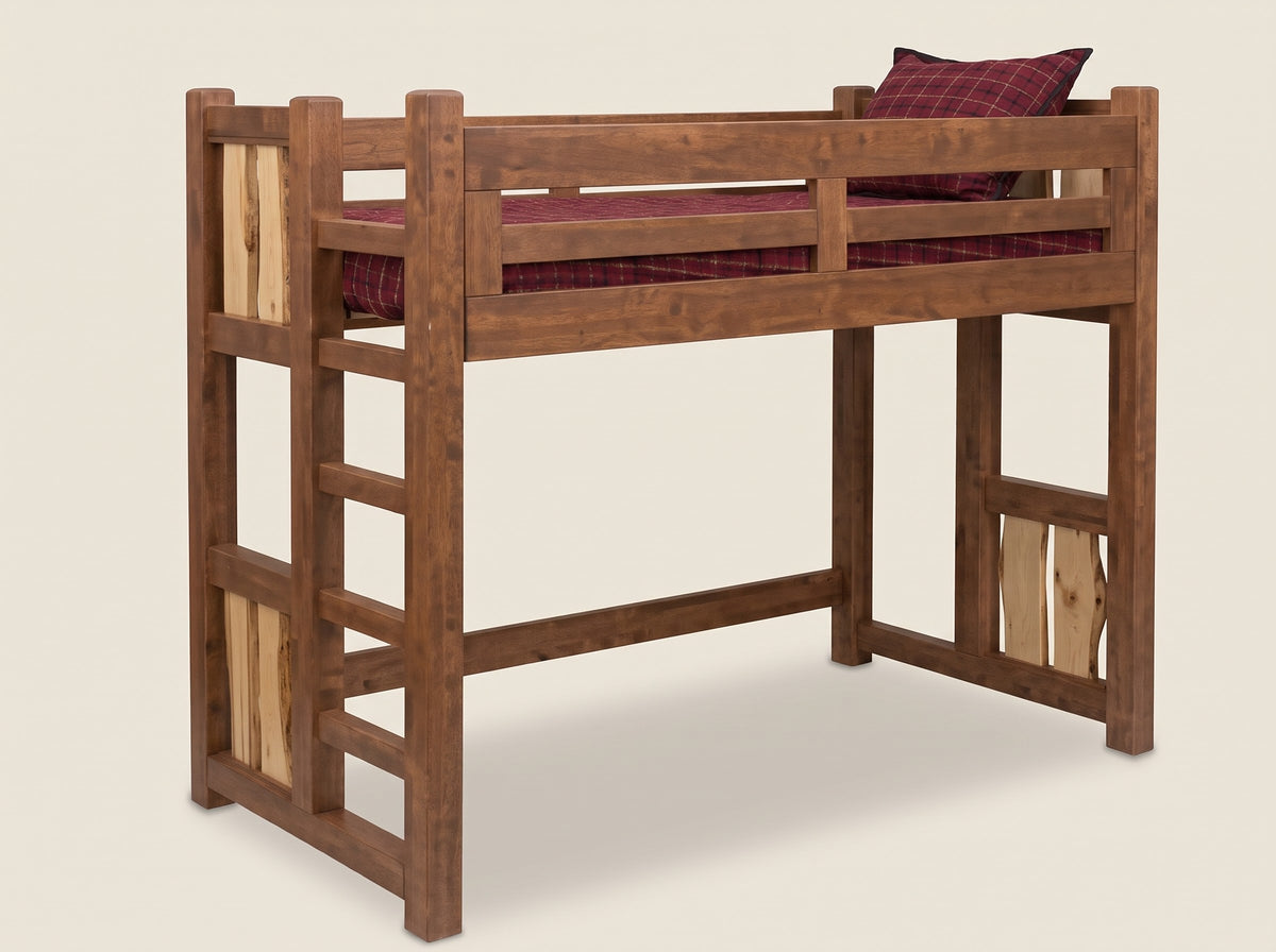 The Split Log knotty pine twin loft bed, alternate view