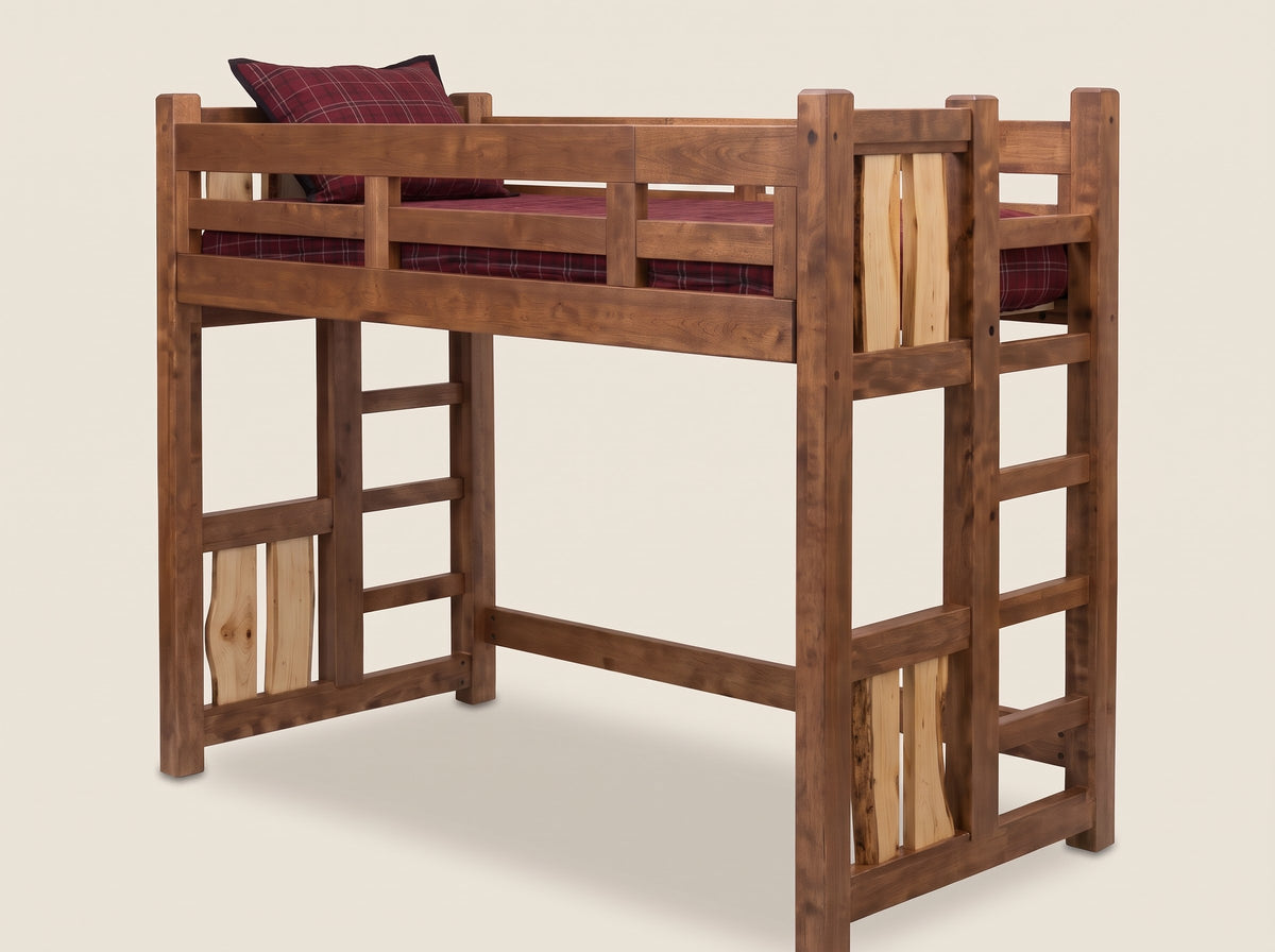 The Split Log knotty pine twin loft bed, another view