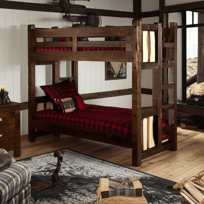 The Split Log knotty pine twin over twin bunk bed with red plaid bedding in a rustic log cabin room