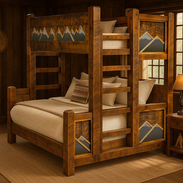 The White Mountains solid wood bunk bed with mountain inlay panels in a furnished bedroom