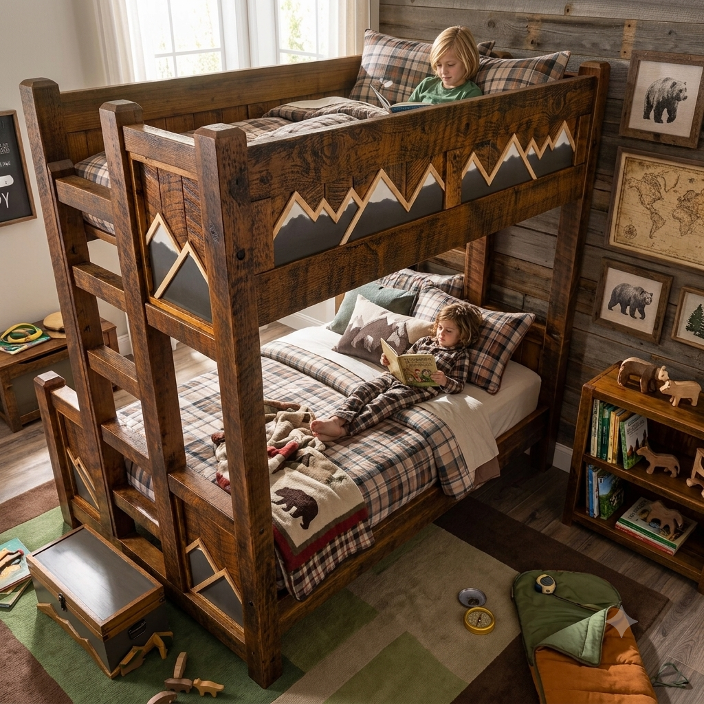 The White Mountains solid pine bunk bed showing the mountain range inlay panel
