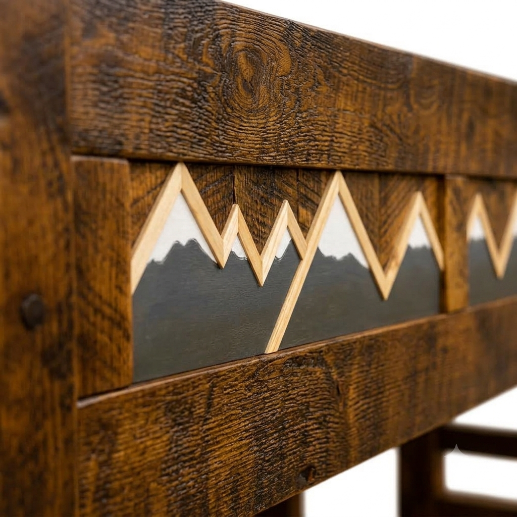 Close-up of the handcrafted mountain silhouette wood inlay on The White Mountains bunk bed
