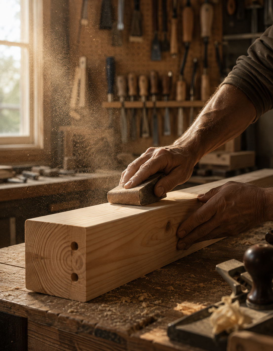Craftsman hand-sanding a solid wood bed post in the Bunk Bed Depot workshop