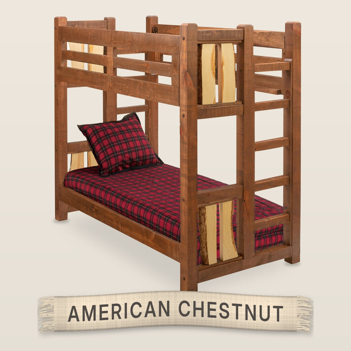 The Split Log solid knotty pine bunk bed in American Chestnut finish
