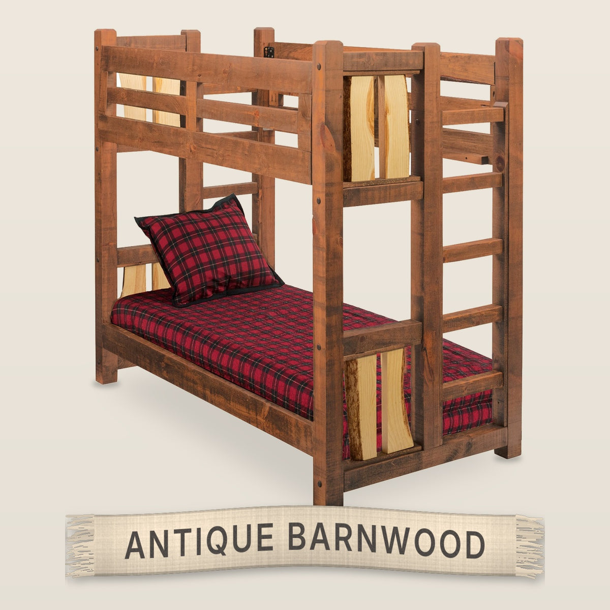 The Split Log solid knotty pine bunk bed in Antique Barnwood finish