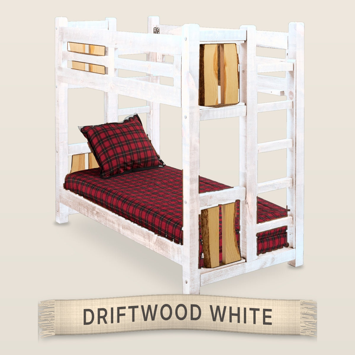 The Split Log solid knotty pine bunk bed in Driftwood White finish