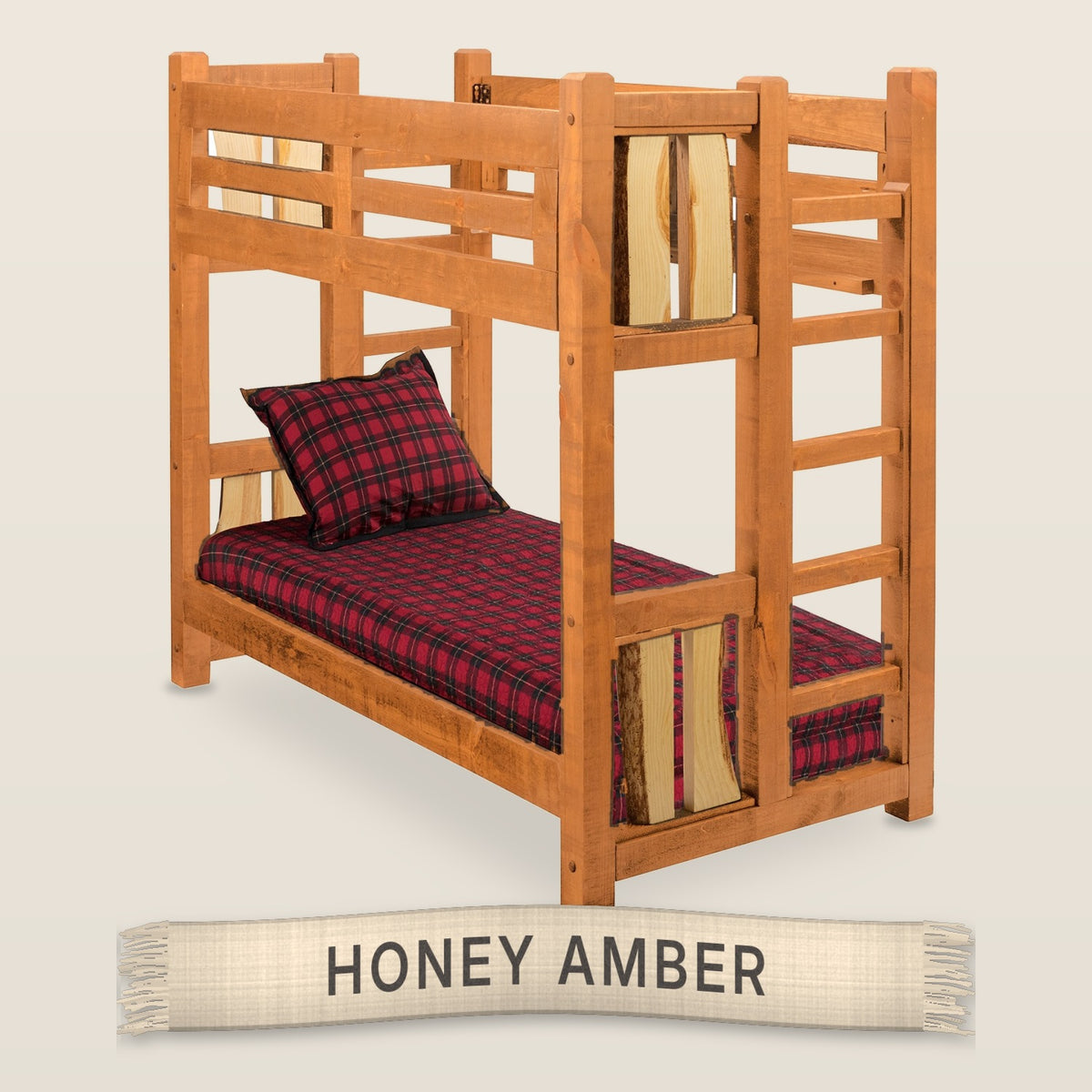 The Split Log solid knotty pine bunk bed in Honey Amber finish