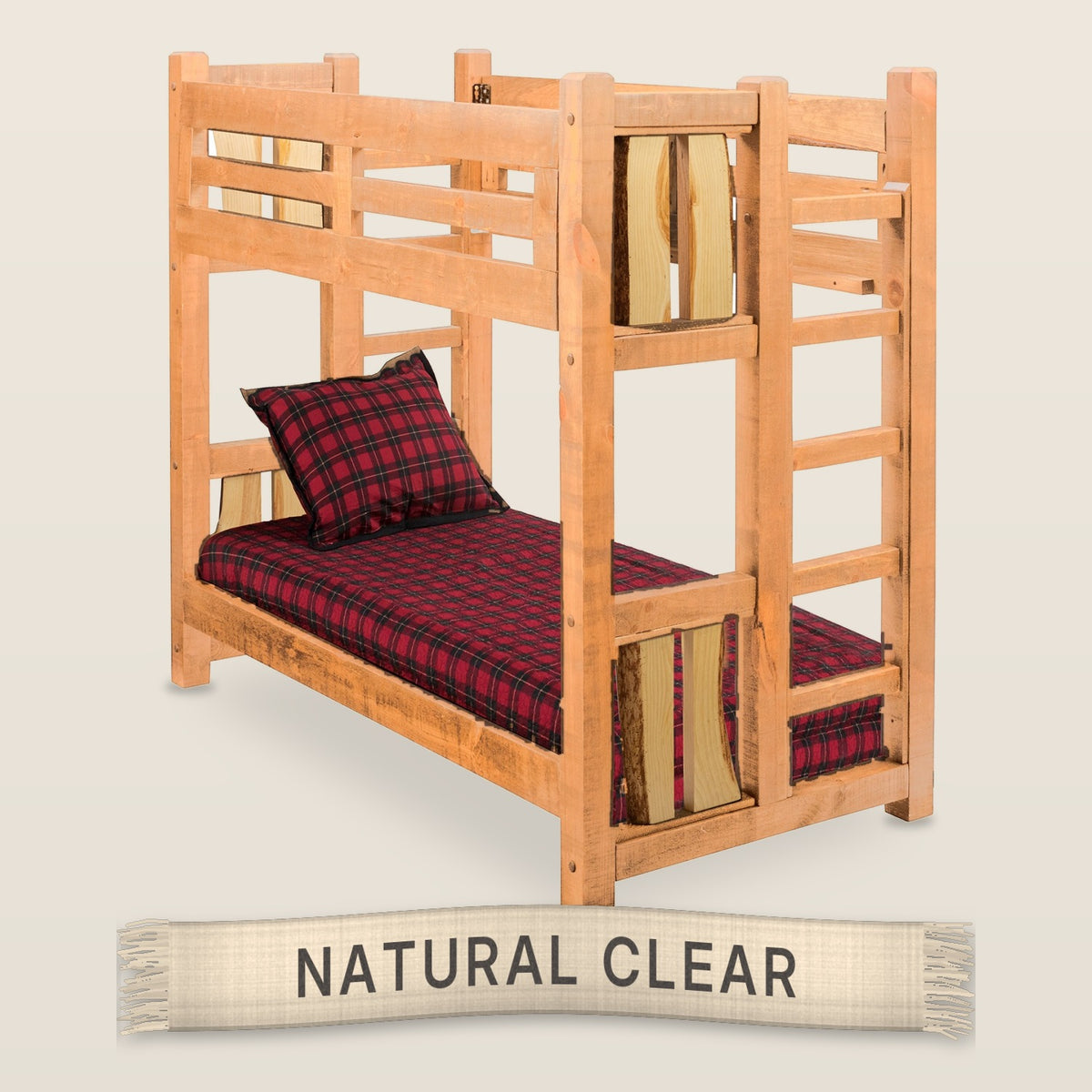 The Split Log solid knotty pine bunk bed in Natural Clear finish