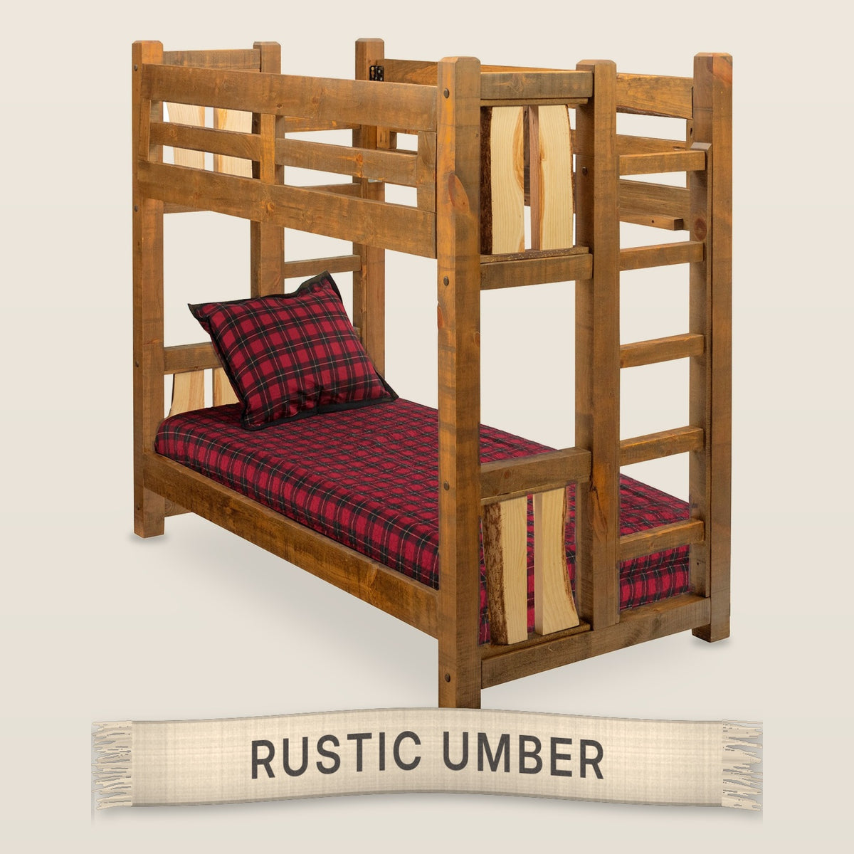 The Split Log solid knotty pine bunk bed in Rustic Umber finish