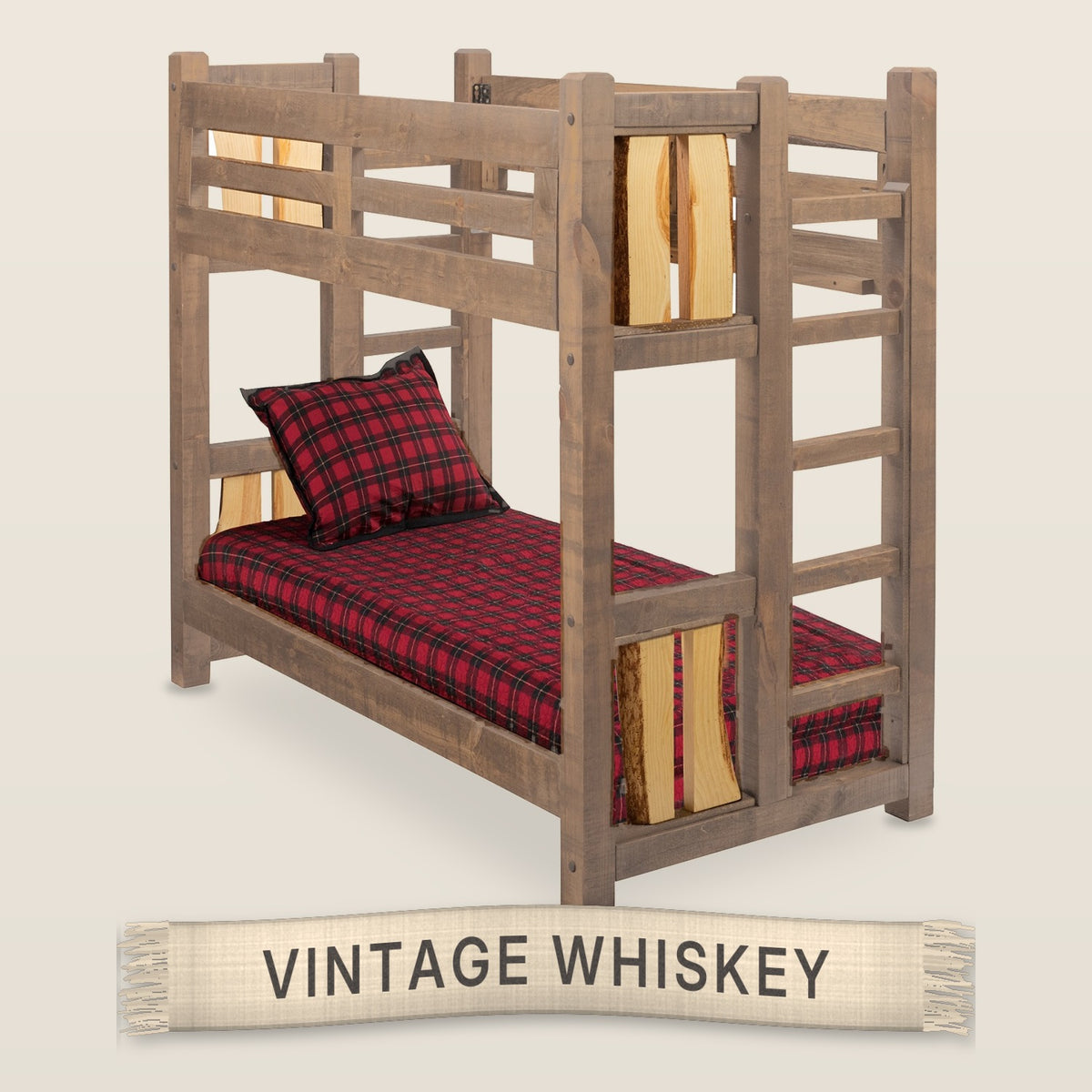 The Split Log solid knotty pine bunk bed in Vintage Whiskey finish