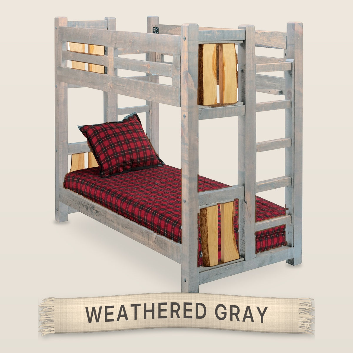 The Split Log solid knotty pine bunk bed in Weathered Gray finish