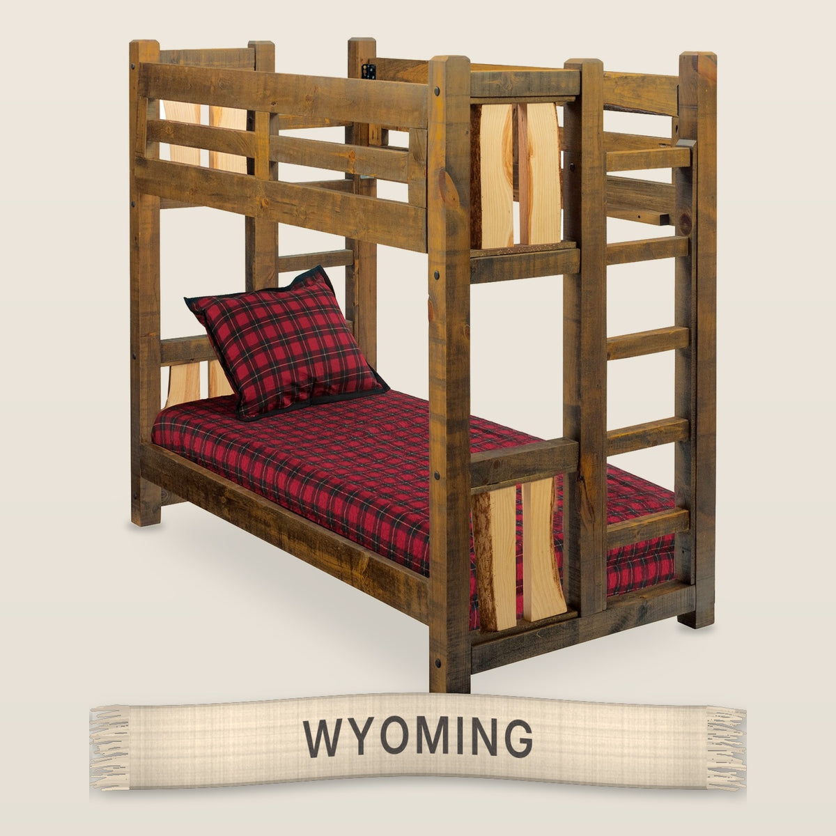 The Split Log solid knotty pine bunk bed in Wyoming finish