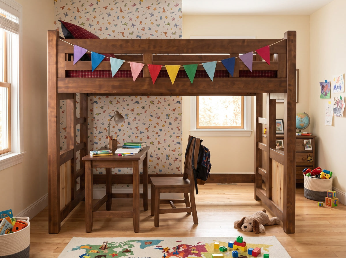 The Split Log knotty pine twin loft bed in a bedroom