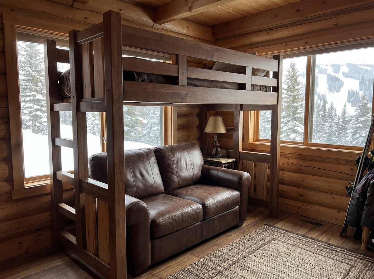 The Split Log knotty pine twin loft bed in a log cabin